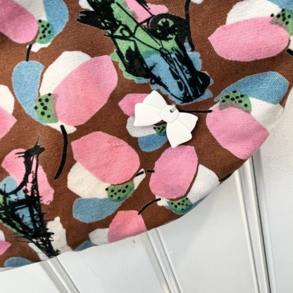 Erotokritos Print Fabric Handbag Purse Eiffel Tower Airplanes Brown Pink - Picture 2 of 6